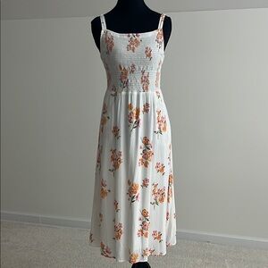 White and Orange Smocked Midi Sundress